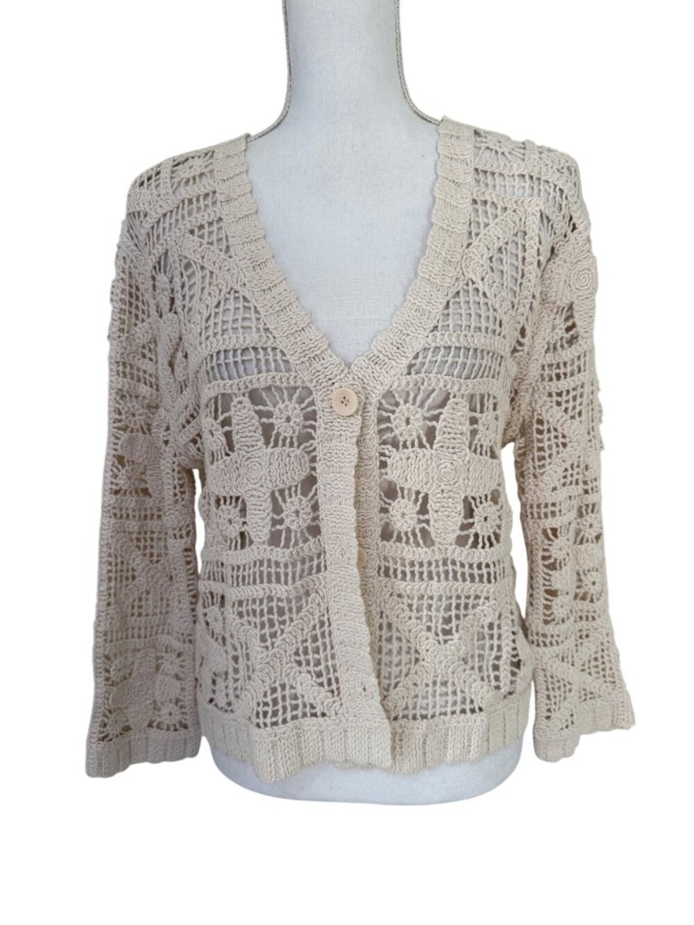 Solitaire Anthropologie Large Cream Crochet Button Cardigan Boho Festival 70s